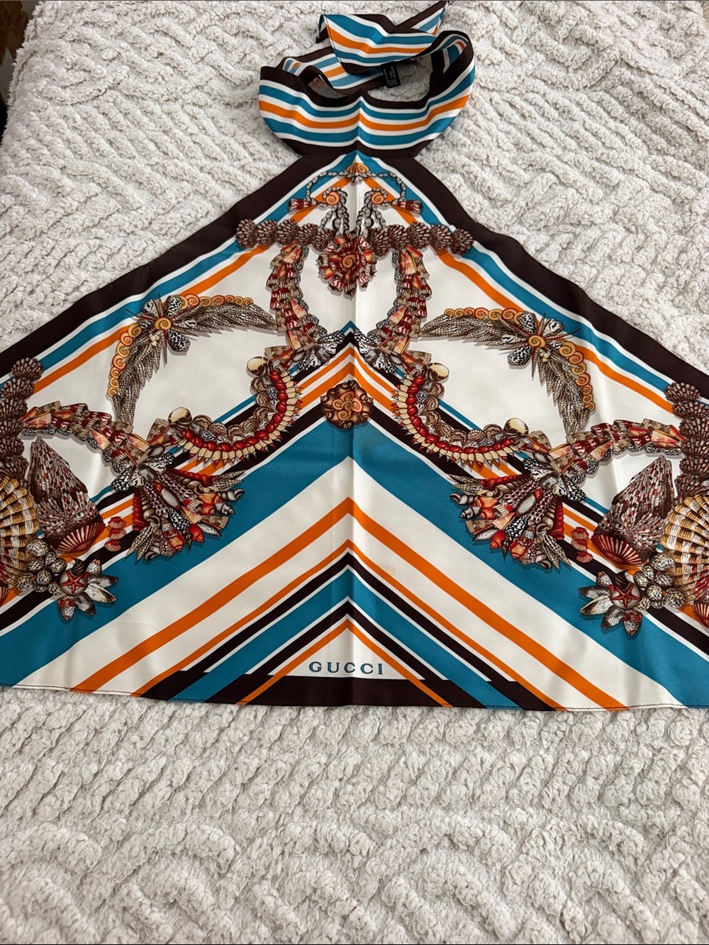 Gucci Silk Halter Scarf Top in Teal, Orange & Brown Shell Print